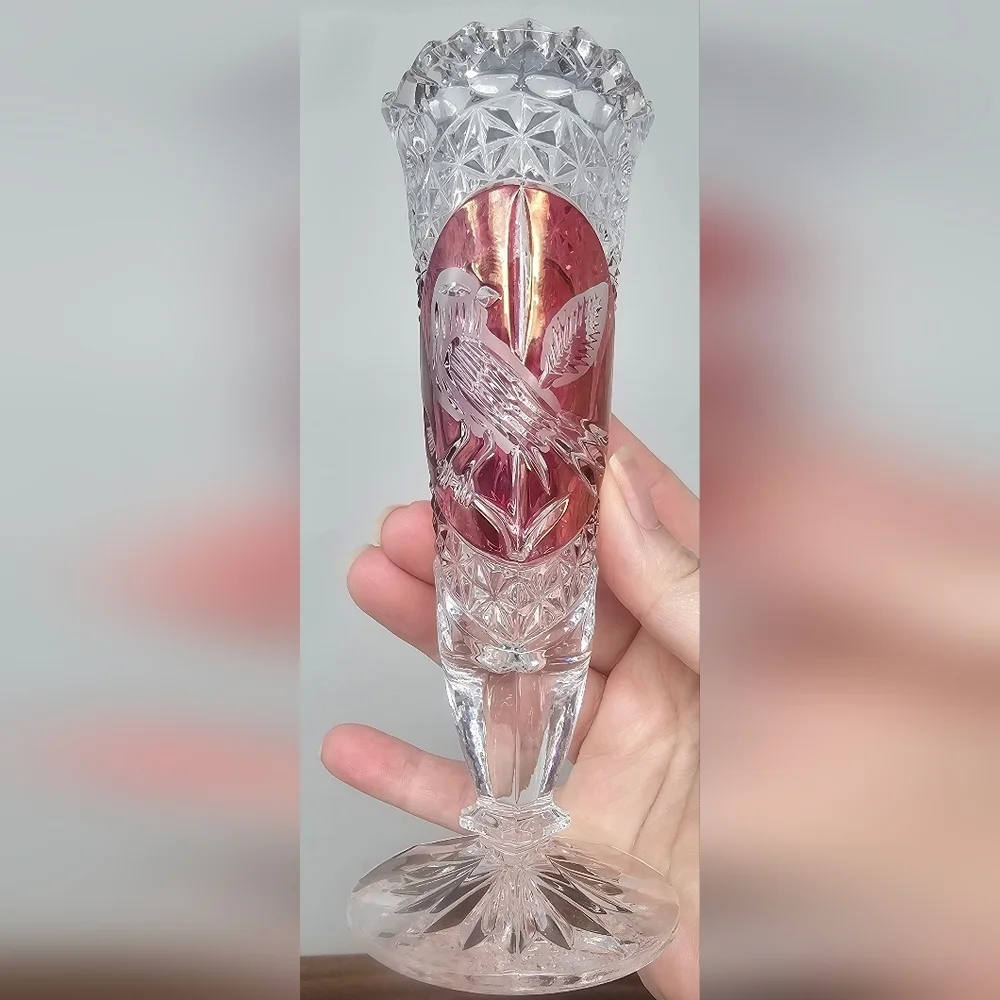 Vintage Hofbauer Byrdes Bud Vase 6.5” German Lead Crystal Ruby Red Bird